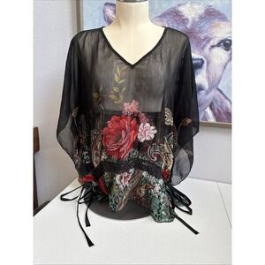 Magazine Women's Small Sheer Black‎ Floral Synched Waist Flowy Blouse